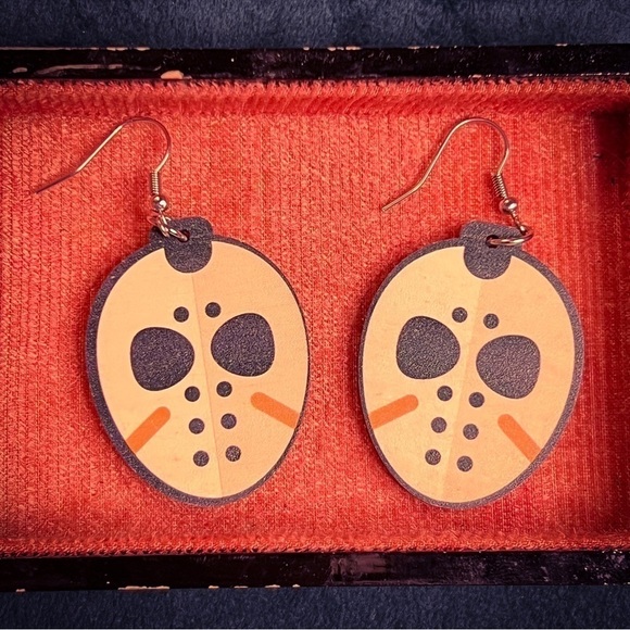 Friday the 13th Jason Halloween Hockey Mask Dangle Earrings - Picture 2 of 7